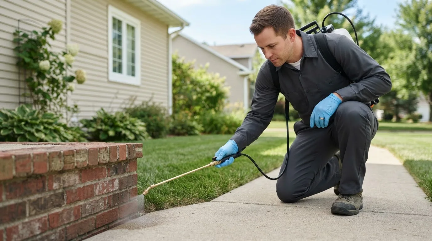 Pest control technician treating a home near Grandview, MO