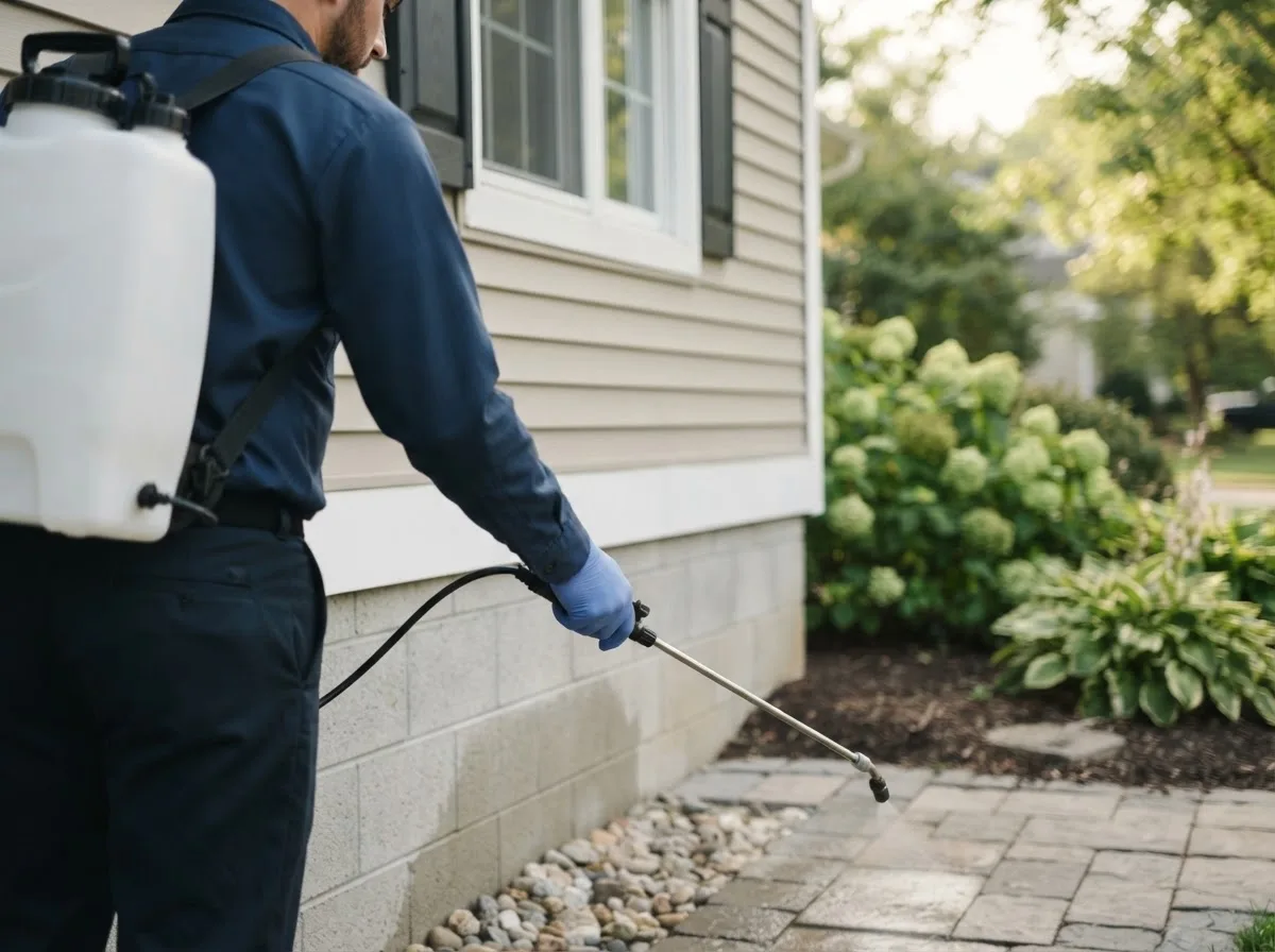 Pest control technician inspecting a home in Grandview, MO